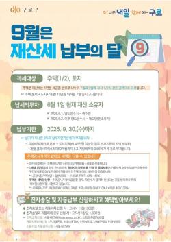 구로구, 9월 정기분 재산세 납부 기한 30일까지…가산세 유의