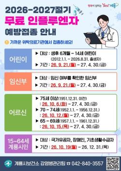 계룡시, 2026-2027절기 인플루엔자 무료 예방접종 실시  - 어린이·임신부 9월 21일부터, 어르신 연령별 10월 6일부터...대상별 순차 접종 -